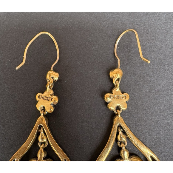 Vintage Monet Chandelier Dangle Earrings Brown Gold Tone Crystals - Picture 5 of 6